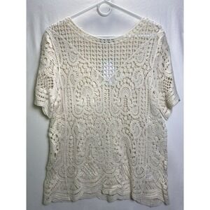 Keren Hart Womens L Ivory Short Sleeve  Lace Overlay Top Bohemian CottageCore